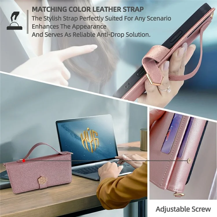 Для Iphone 15 Pro Max Case Cross Texture Кожа+tpu Chole Chole Pallet Phone с Ремнями - Розовое Золото