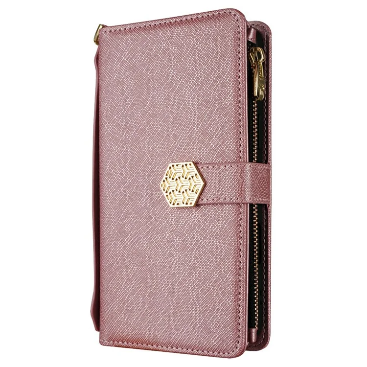Для Iphone 15 Pro Max Case Cross Texture Кожа+tpu Chole Chole Pallet Phone с Ремнями - Розовое Золото