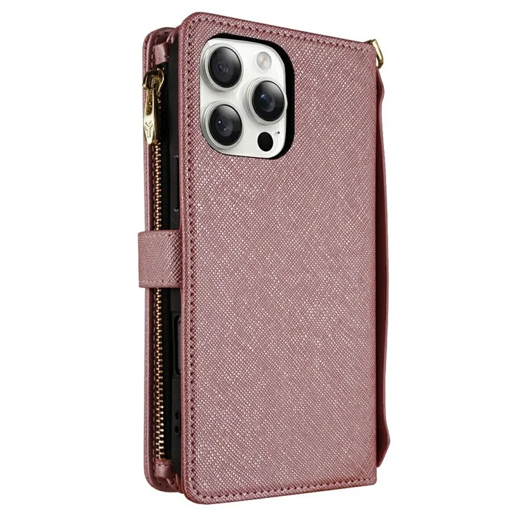 Для Iphone 15 Pro Max Case Cross Texture Кожа+tpu Chole Chole Pallet Phone с Ремнями - Розовое Золото