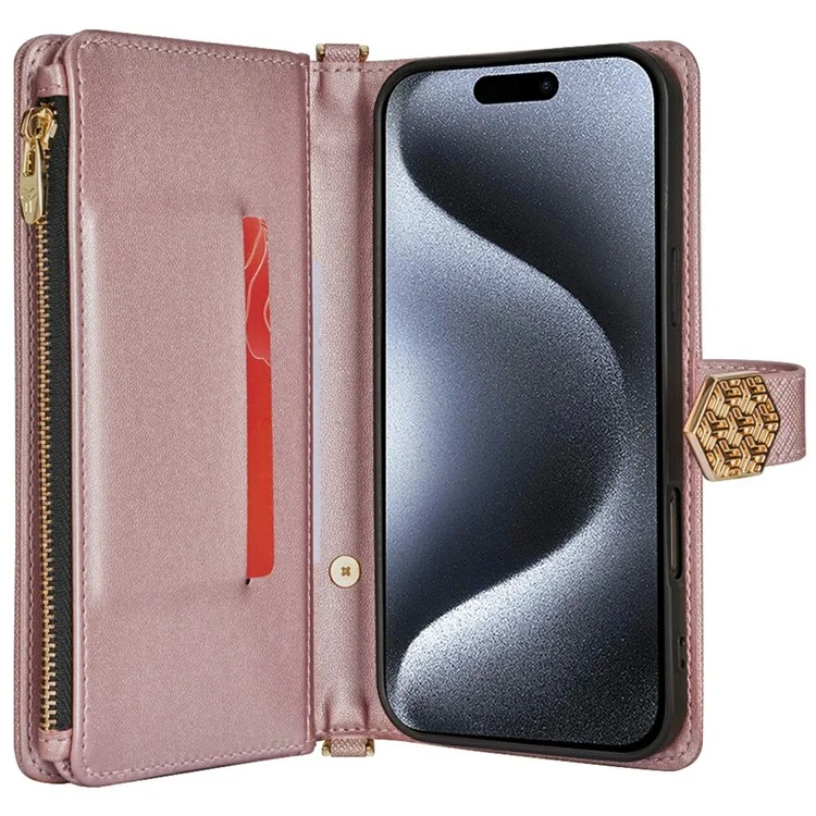 Для Iphone 15 Pro Max Case Cross Texture Кожа+tpu Chole Chole Pallet Phone с Ремнями - Розовое Золото