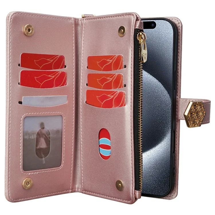 Для Iphone 15 Pro Max Case Cross Texture Кожа+tpu Chole Chole Pallet Phone с Ремнями - Розовое Золото