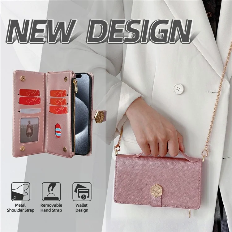 Для Iphone 15 Pro Max Case Cross Texture Кожа+tpu Chole Chole Pallet Phone с Ремнями - Розовое Золото
