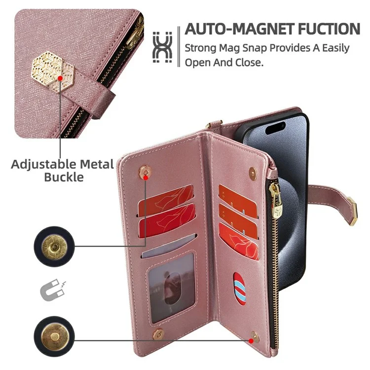 Для Iphone 15 Pro Max Case Cross Texture Кожа+tpu Chole Chole Pallet Phone с Ремнями - Розовое Золото