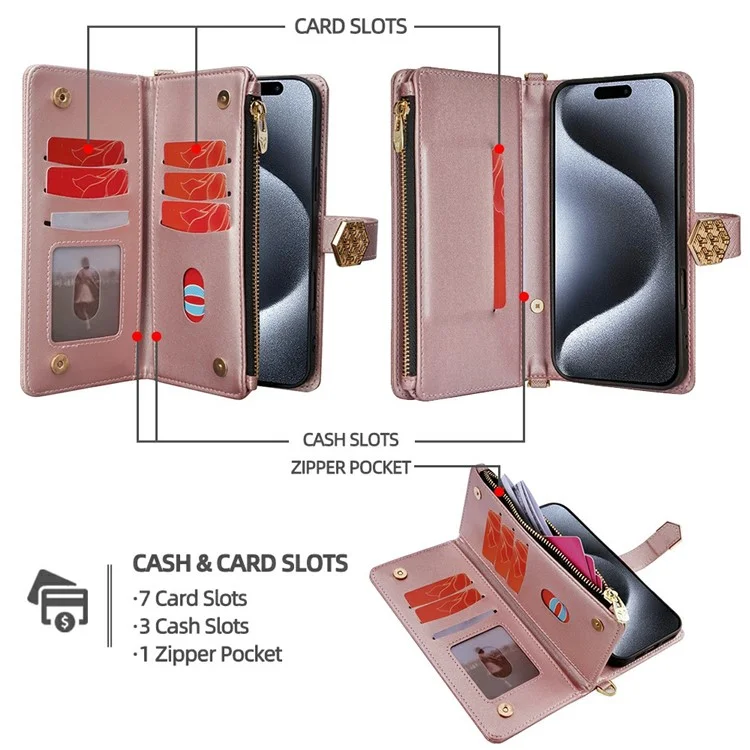 Для Iphone 15 Pro Max Case Cross Texture Кожа+tpu Chole Chole Pallet Phone с Ремнями - Розовое Золото