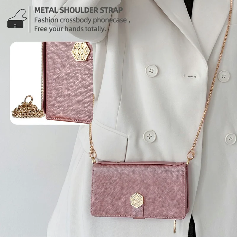 Para Iphone 16 Pro Case Cross Texture PU Leather+TPU Wallet Telep Cubierta Con Correas - Oro Rosa