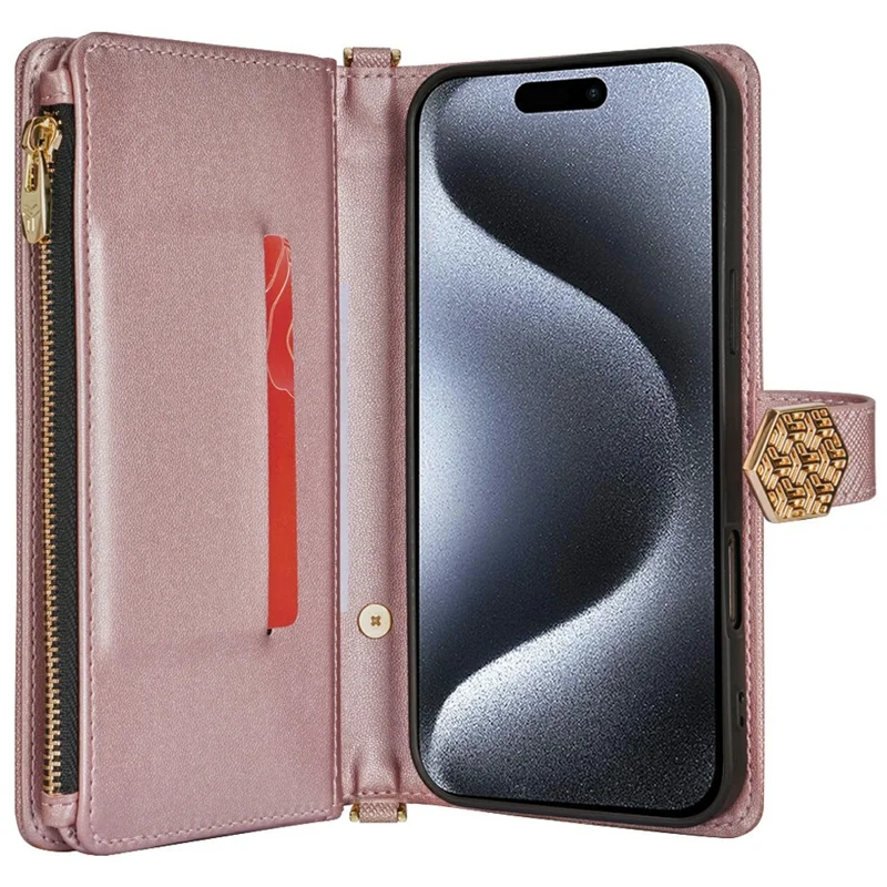 Para Iphone 16 Pro Case Cross Texture PU Leather+TPU Wallet Telep Cubierta Con Correas - Oro Rosa