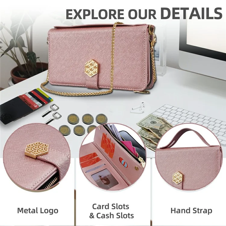 Pour Iphone 15 Pro Case Cross Texture PU Leather + Tpu Pallurage Téléphone Couvercle Avec Sangles - or Rose
