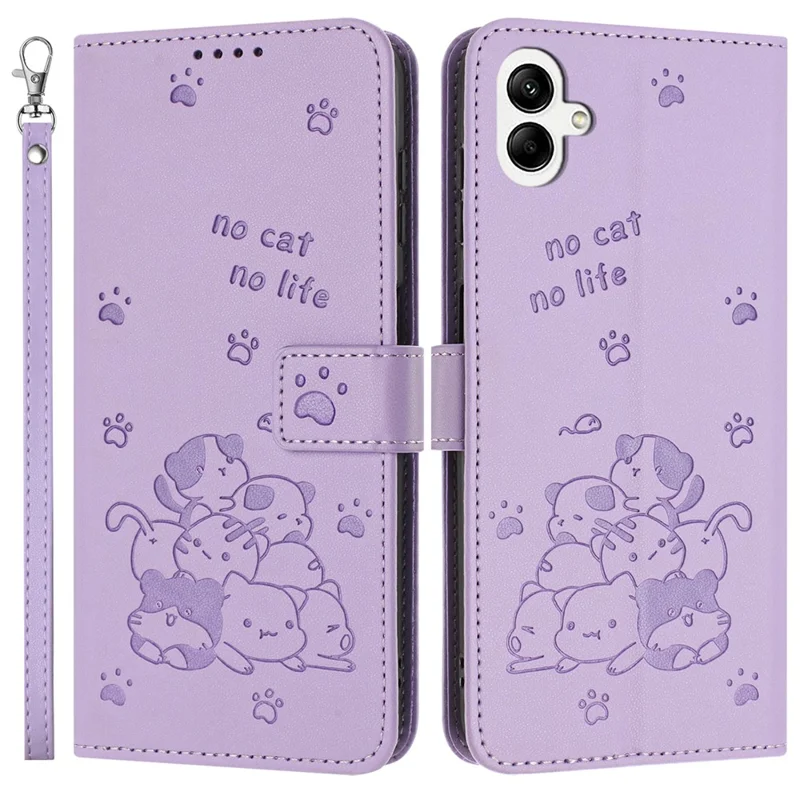 For Samsung Galaxy A06 4G Case with Strap Cats Imprint Leather Wallet Phone Cover - Purple
