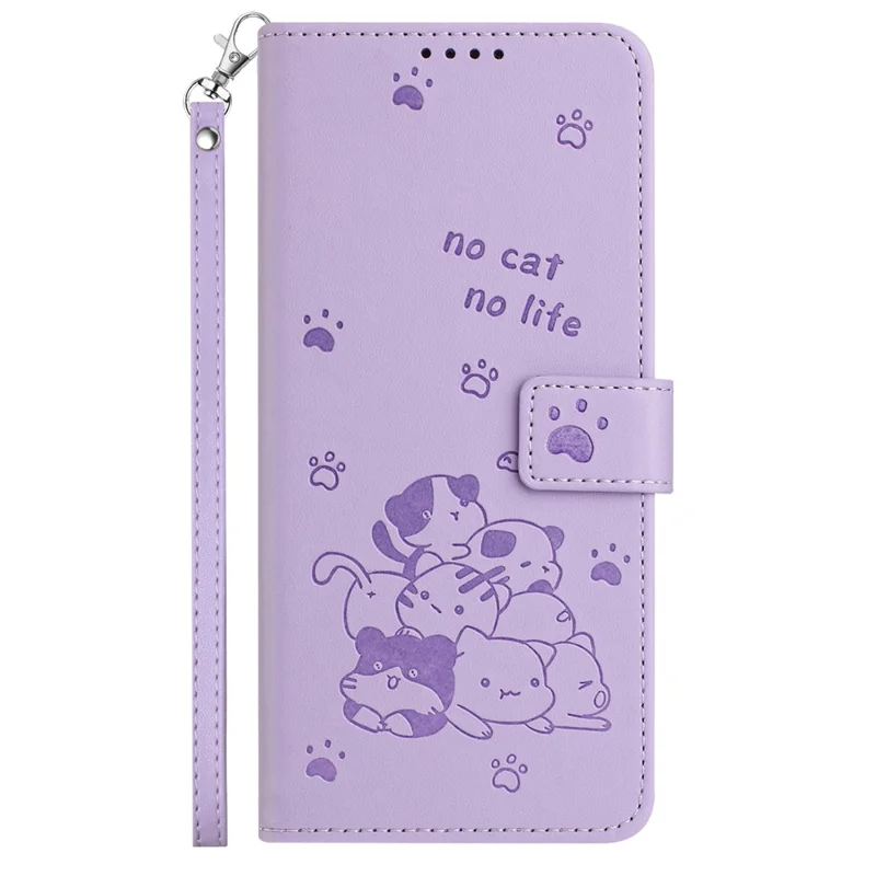 For Samsung Galaxy A06 4G Case with Strap Cats Imprint Leather Wallet Phone Cover - Purple