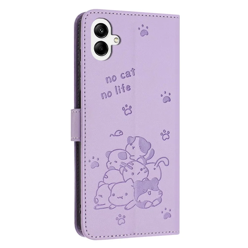 For Samsung Galaxy A06 4G Case with Strap Cats Imprint Leather Wallet Phone Cover - Purple