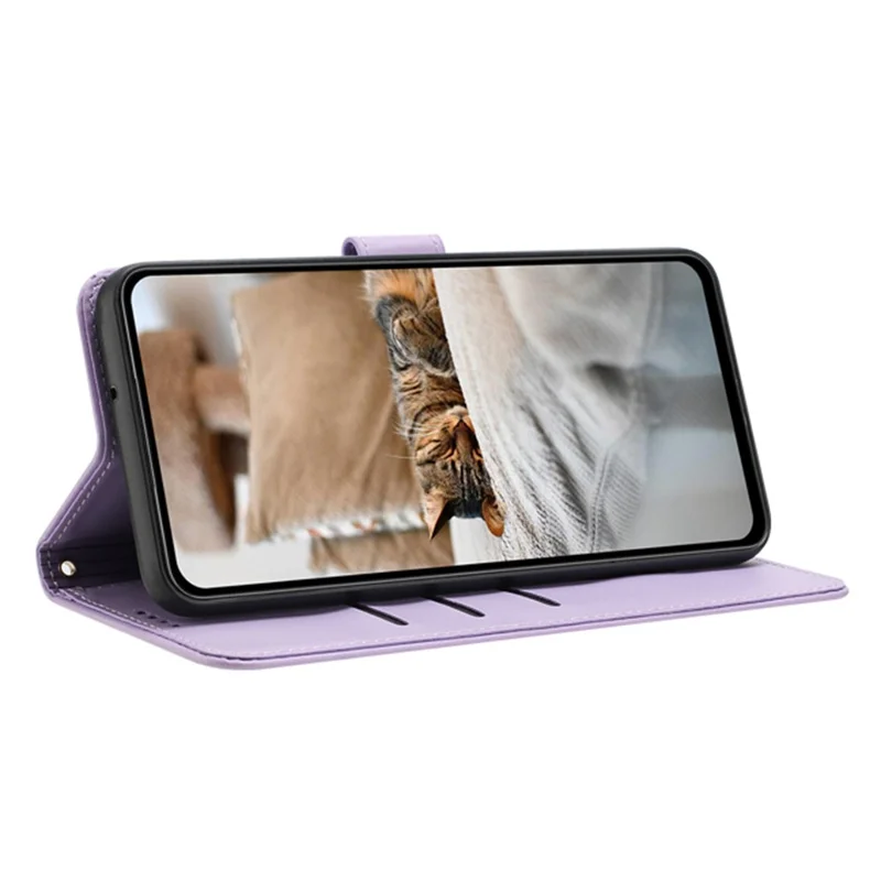 For Samsung Galaxy A06 4G Case with Strap Cats Imprint Leather Wallet Phone Cover - Purple
