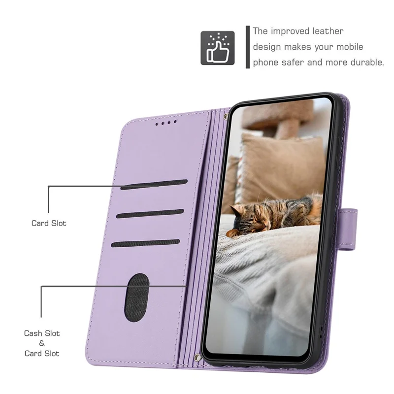For Samsung Galaxy A06 4G Case with Strap Cats Imprint Leather Wallet Phone Cover - Purple