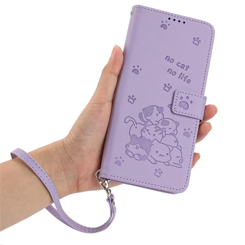 For Samsung Galaxy A06 4G Case with Strap Cats Imprint Leather Wallet Phone Cover - Purple