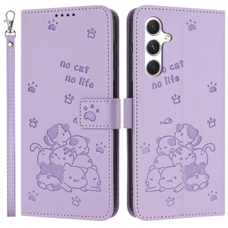 For Samsung Galaxy A55 5G Case with Strap Cats Imprint Leather Wallet Phone Cover - Purple