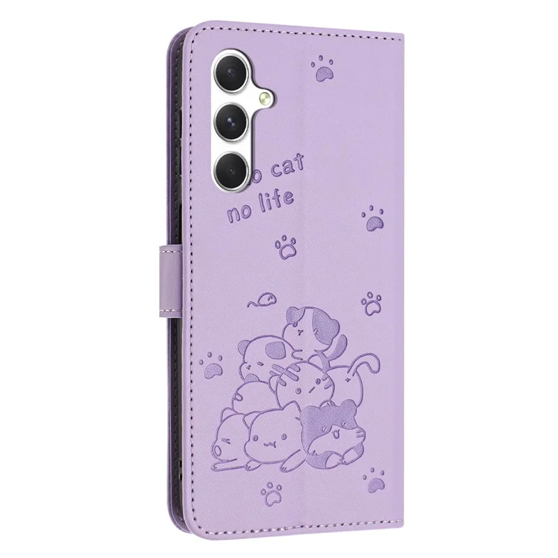 For Samsung Galaxy A55 5G Case with Strap Cats Imprint Leather Wallet Phone Cover - Purple