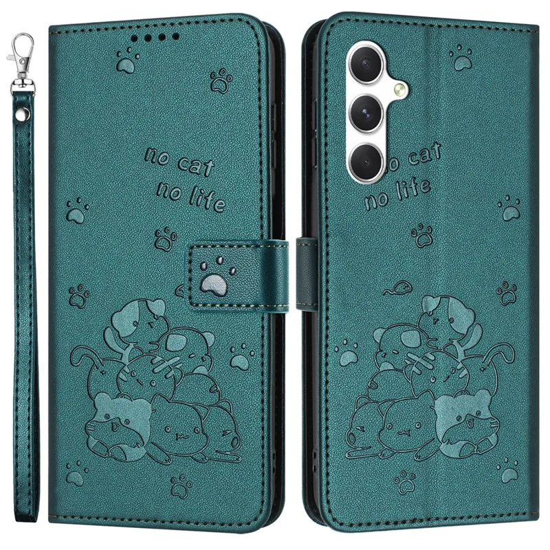 For Samsung Galaxy A05s 4G Case with Strap Cats Imprint Leather Wallet Phone Cover - Blackish Green