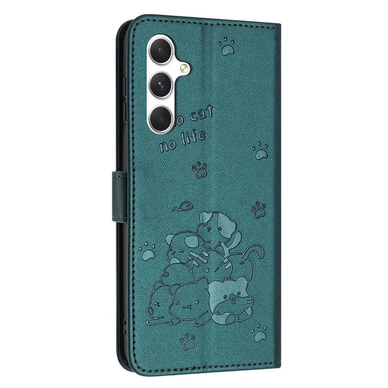 For Samsung Galaxy A05s 4G Case with Strap Cats Imprint Leather Wallet Phone Cover - Blackish Green