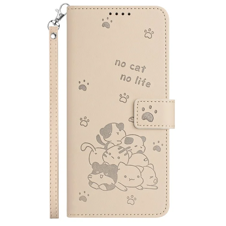 YX-2402 Для Samsung Galaxy A35 5G Case с Ремешками Cats Imprint Кожаный Кошелек. - Бежевый