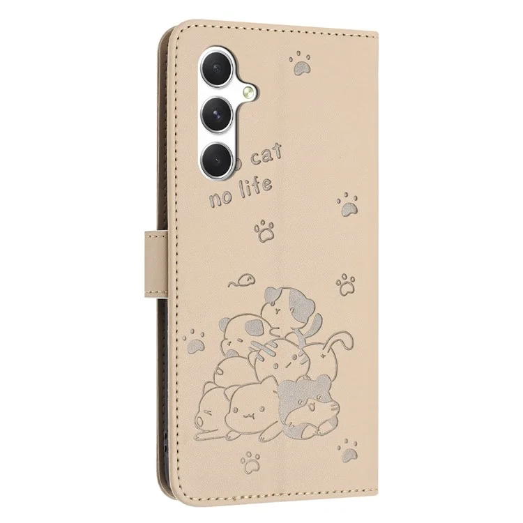 YX-2402 Для Samsung Galaxy A35 5G Case с Ремешками Cats Imprint Кожаный Кошелек. - Бежевый