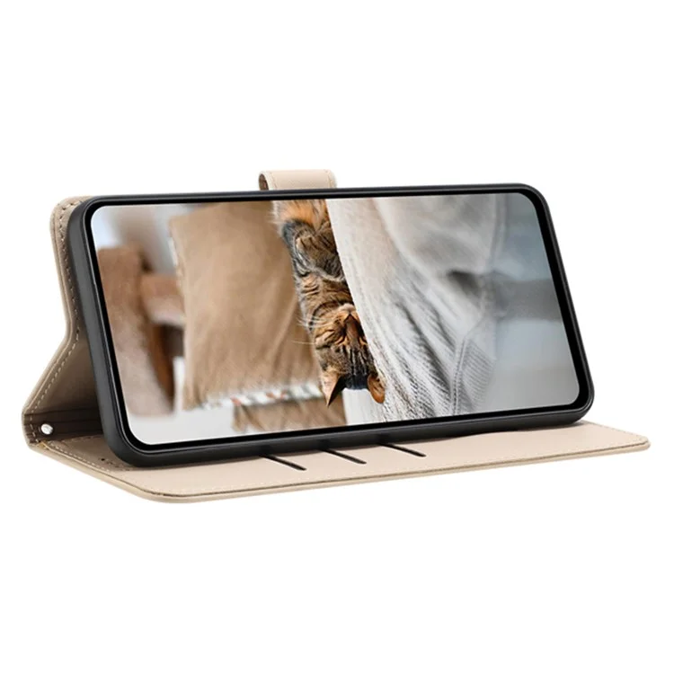 YX-2402 Для Samsung Galaxy A35 5G Case с Ремешками Cats Imprint Кожаный Кошелек. - Бежевый