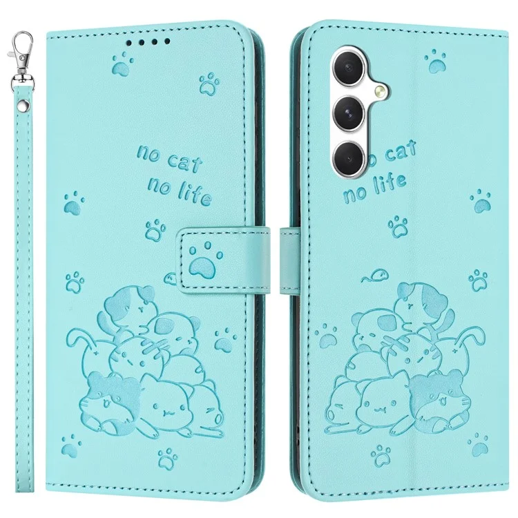 YX-2402 Para Samsung Galaxy A15 4G / Case 5G Con Strap Cats Impresión de la Portada de la Billetera de Cuero - Verde