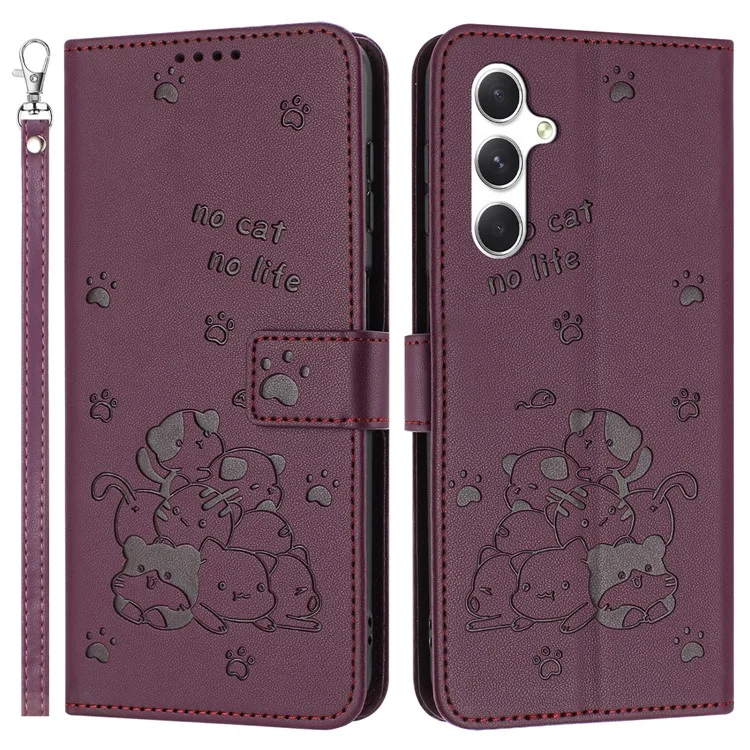 YX-2402 Para Samsung Galaxy A25 5G (Global) (161.0 x 76.5 x 8.3 Mm) Caso Con Strap Cats Impresión de la Billetera de Cuero Cover Del Teléfono - Vino Rojo
