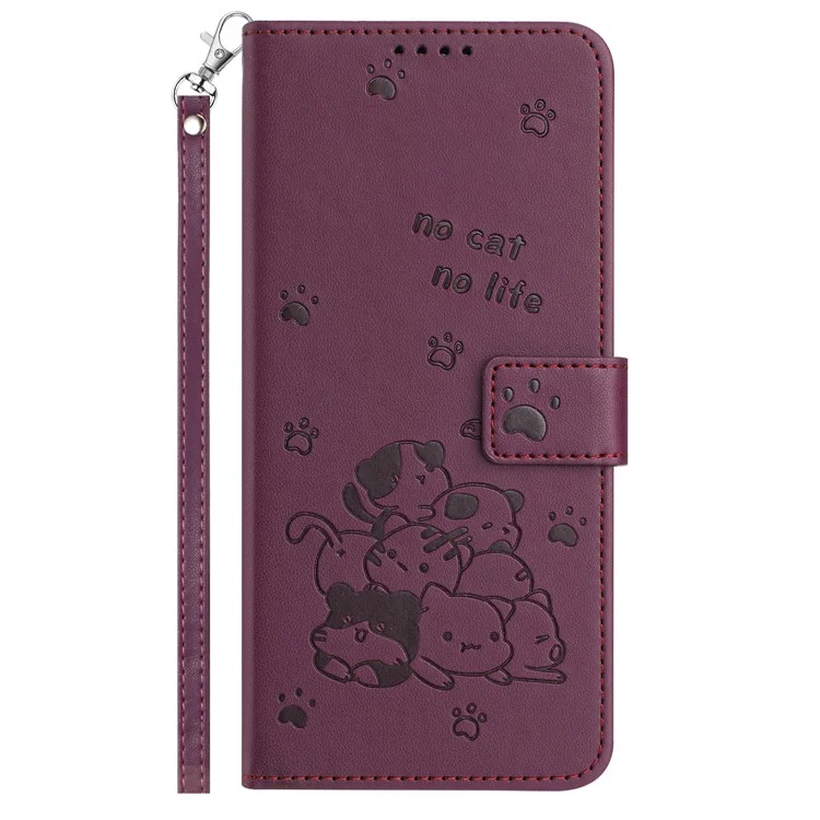 YX-2402 Para Samsung Galaxy A25 5G (Global) (161.0 x 76.5 x 8.3 Mm) Caso Con Strap Cats Impresión de la Billetera de Cuero Cover Del Teléfono - Vino Rojo