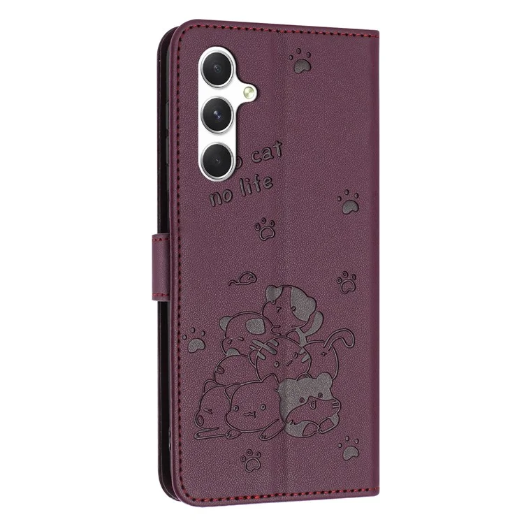 YX-2402 Para Samsung Galaxy A25 5G (Global) (161.0 x 76.5 x 8.3 Mm) Caso Con Strap Cats Impresión de la Billetera de Cuero Cover Del Teléfono - Vino Rojo