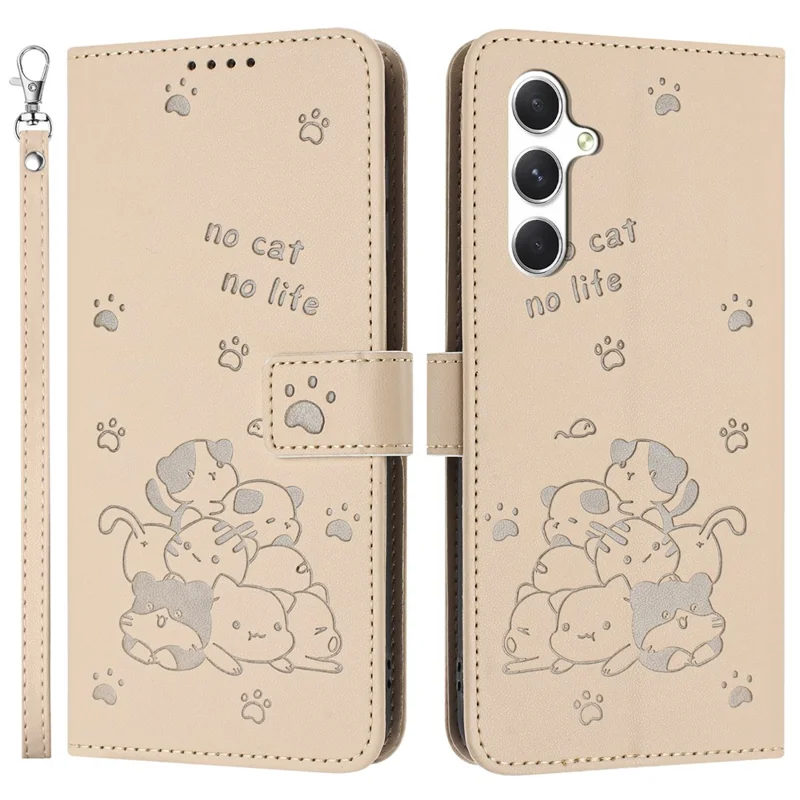 For Samsung Galaxy S25 Case with Strap Cats Imprint Leather Wallet Phone Cover - Beige