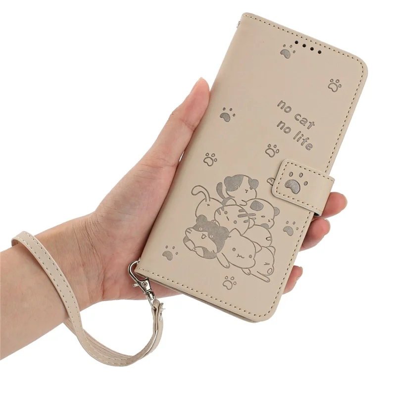 For Samsung Galaxy S25 Case with Strap Cats Imprint Leather Wallet Phone Cover - Beige