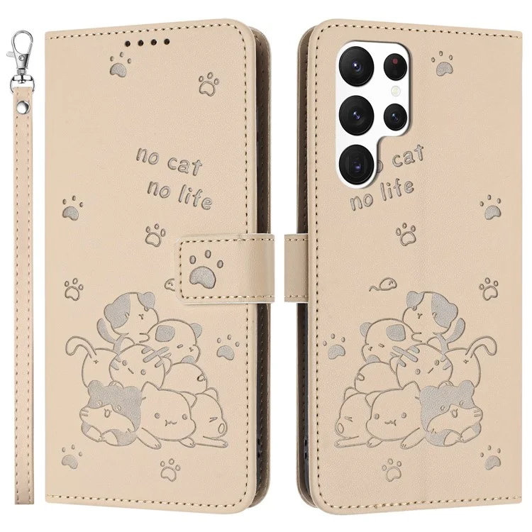 YX-2402 Para Samsung Galaxy S24 Ultra Case With Strap Cats Impresión de la Billetera de Cuero Cover de la Billetera - Beige