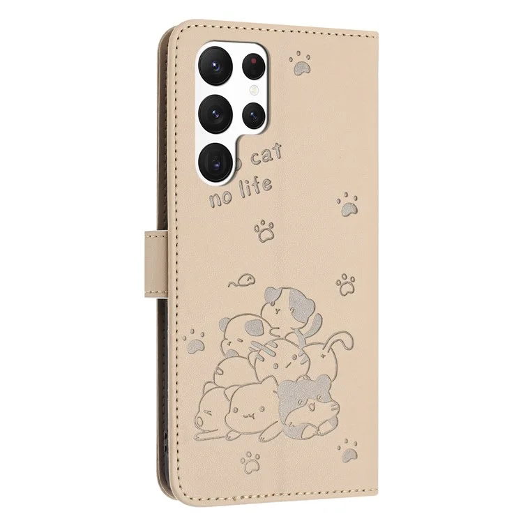 YX-2402 Para Samsung Galaxy S24 Ultra Case With Strap Cats Impresión de la Billetera de Cuero Cover de la Billetera - Beige