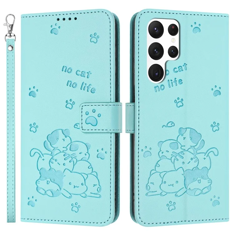 YX-2402 Para Samsung Galaxy S25 Ultra Case With Strap Cats Impresión de la Billetera de Cuero Cover de la Billetera - Verde