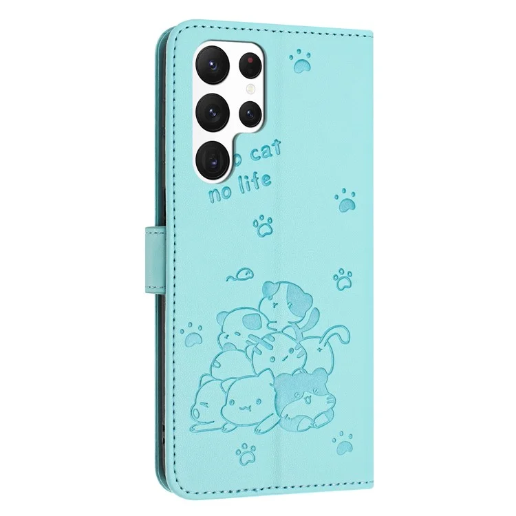 YX-2402 Para Samsung Galaxy S25 Ultra Case With Strap Cats Impresión de la Billetera de Cuero Cover de la Billetera - Verde