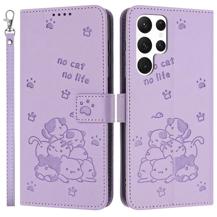 YX-2402 Para Samsung Galaxy S23 Ultra Case With Strap Cats Impresión de la Billetera de Cuero Cover de la Billetera - Púrpura