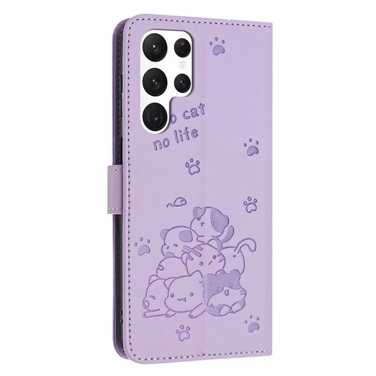YX-2402 Para Samsung Galaxy S23 Ultra Case With Strap Cats Impresión de la Billetera de Cuero Cover de la Billetera - Púrpura