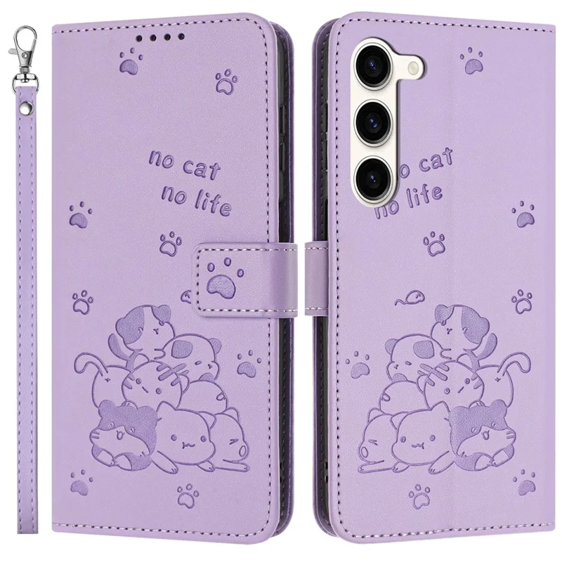 For Samsung Galaxy S23 Case with Strap Cats Imprint Leather Wallet Phone Cover - Purple