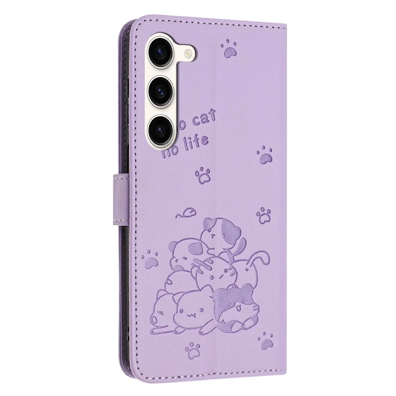 For Samsung Galaxy S23 Case with Strap Cats Imprint Leather Wallet Phone Cover - Purple