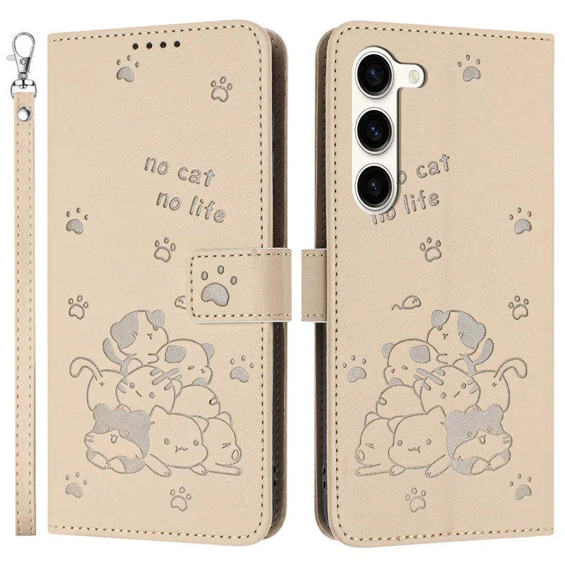 YX-2402 Для Samsung Galaxy S23+ Case с Ремешками Cats Отпечаток Кожаный Кошелек - Бежевый