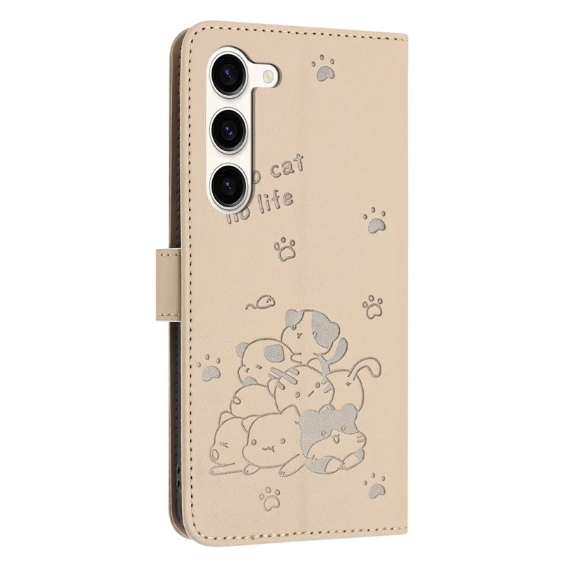 YX-2402 Для Samsung Galaxy S23+ Case с Ремешками Cats Отпечаток Кожаный Кошелек - Бежевый