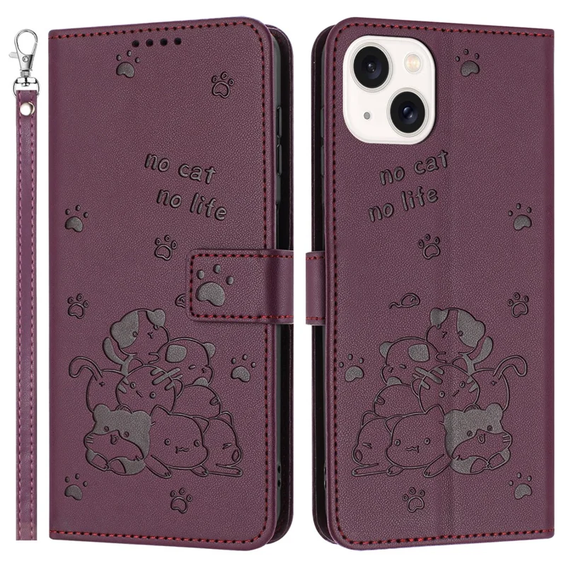 For iPhone 14 / 13 Case with Strap Cats Imprint Leather Wallet Phone Cover - Wine Red
