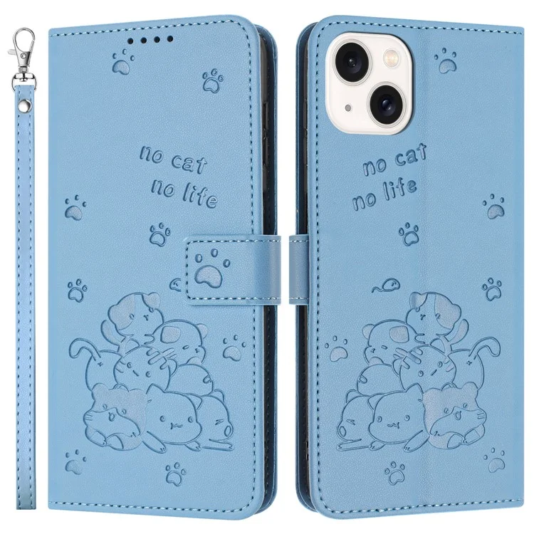 iPhone 15 Hülle mit Schlaufe, Katzen-Aufdruck, Leder-Geldbörse, Handyhülle - Blau