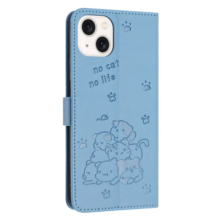 iPhone 15 Hülle mit Schlaufe, Katzen-Aufdruck, Leder-Geldbörse, Handyhülle - Blau