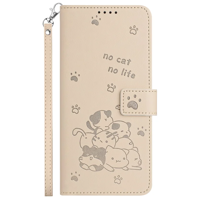 For iPhone 15 Case with Strap Cats Imprint Leather Wallet Phone Cover - Beige