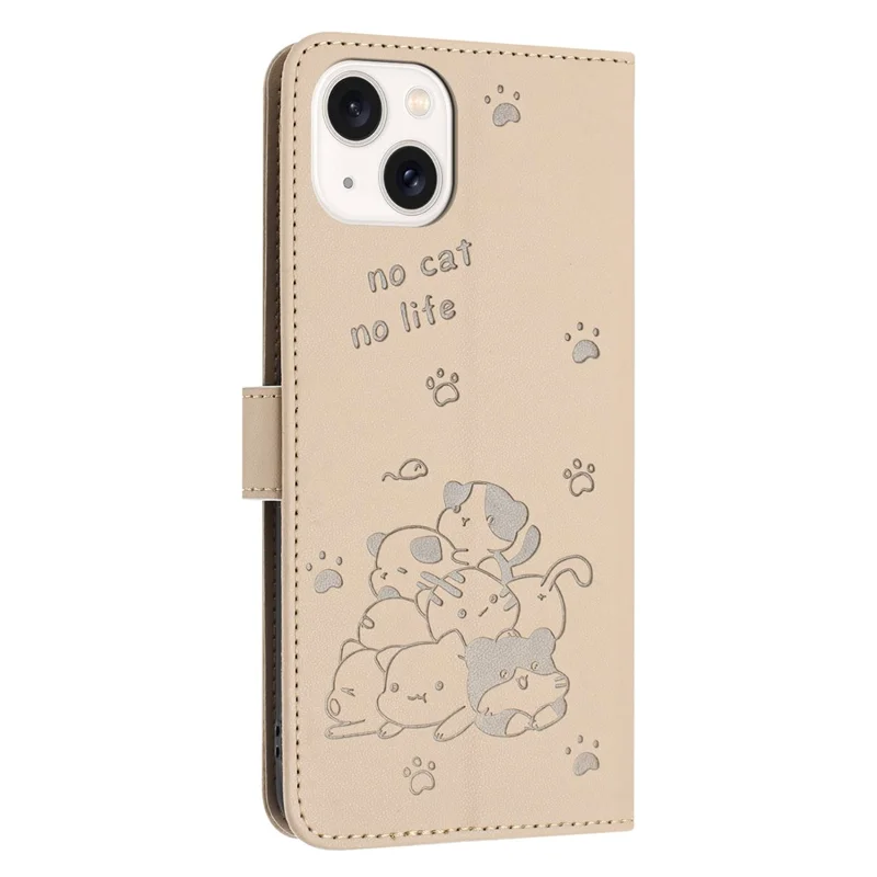 For iPhone 15 Case with Strap Cats Imprint Leather Wallet Phone Cover - Beige
