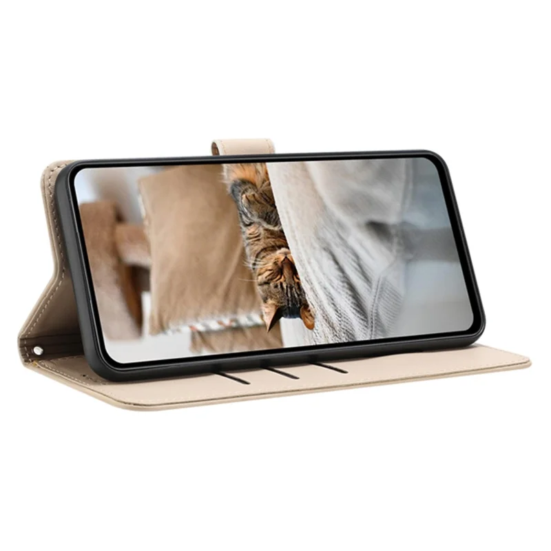 For iPhone 15 Case with Strap Cats Imprint Leather Wallet Phone Cover - Beige