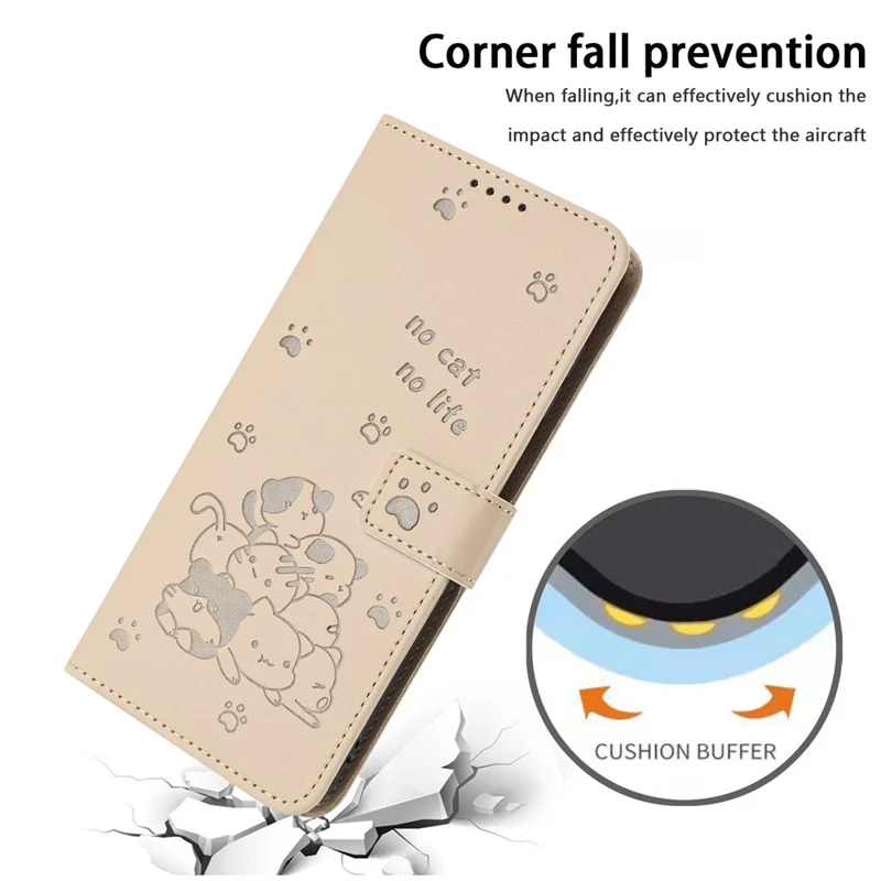 For iPhone 15 Case with Strap Cats Imprint Leather Wallet Phone Cover - Beige