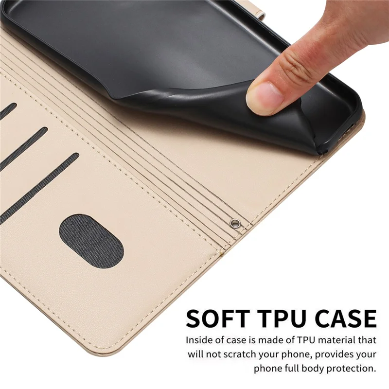 For iPhone 15 Case with Strap Cats Imprint Leather Wallet Phone Cover - Beige