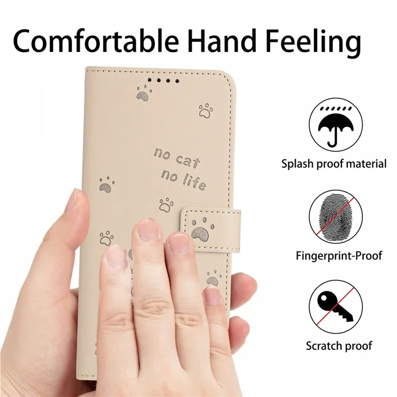 For iPhone 15 Case with Strap Cats Imprint Leather Wallet Phone Cover - Beige