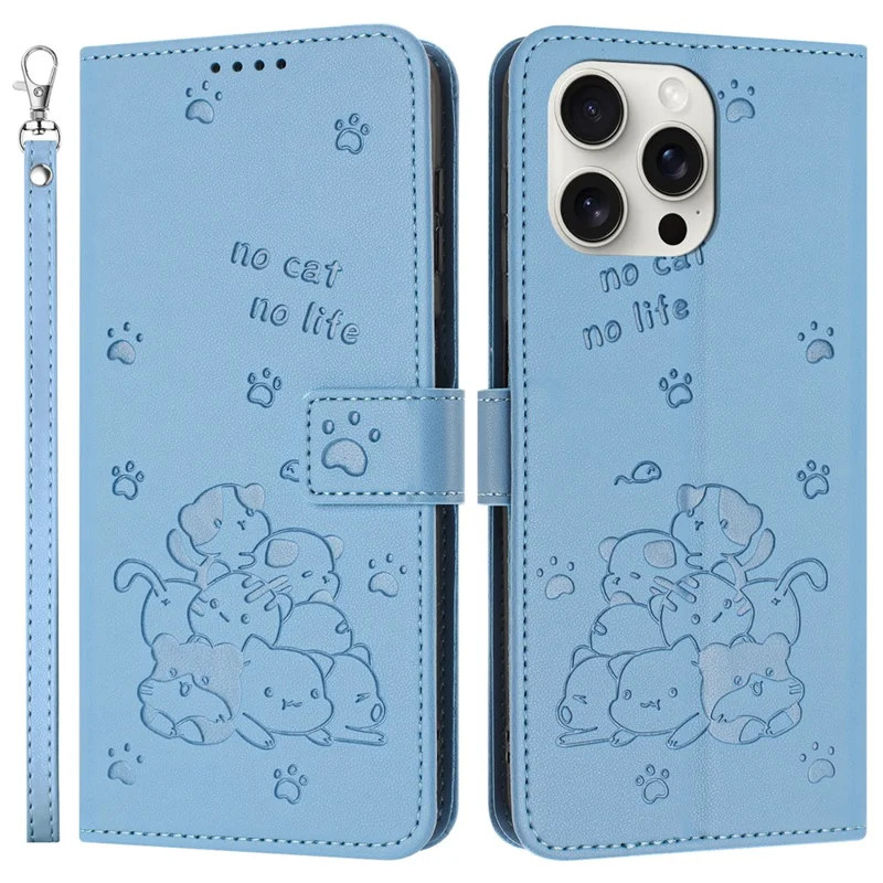 For iPhone 14 Pro Max Case with Strap Cats Imprint Leather Wallet Phone Cover - Blue